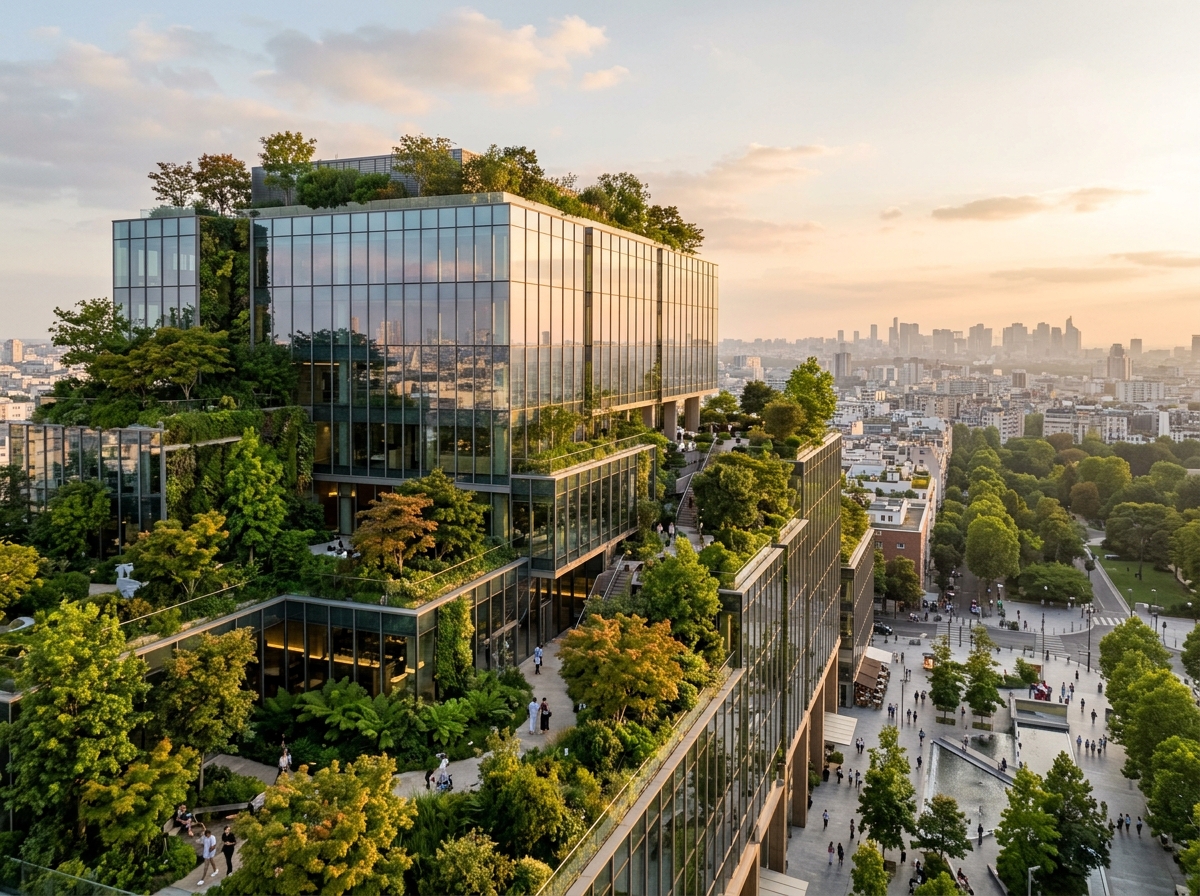 A modern glass office building covered in trees and green terraces at sunset